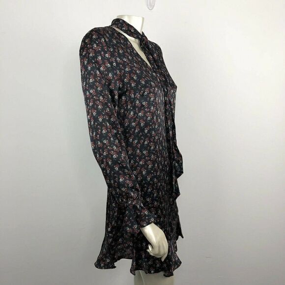 Intermix Serena Tie Neck Ruffle Shift Silk Dress in Black Floral Print. Size 4 - Picture 4 of 10